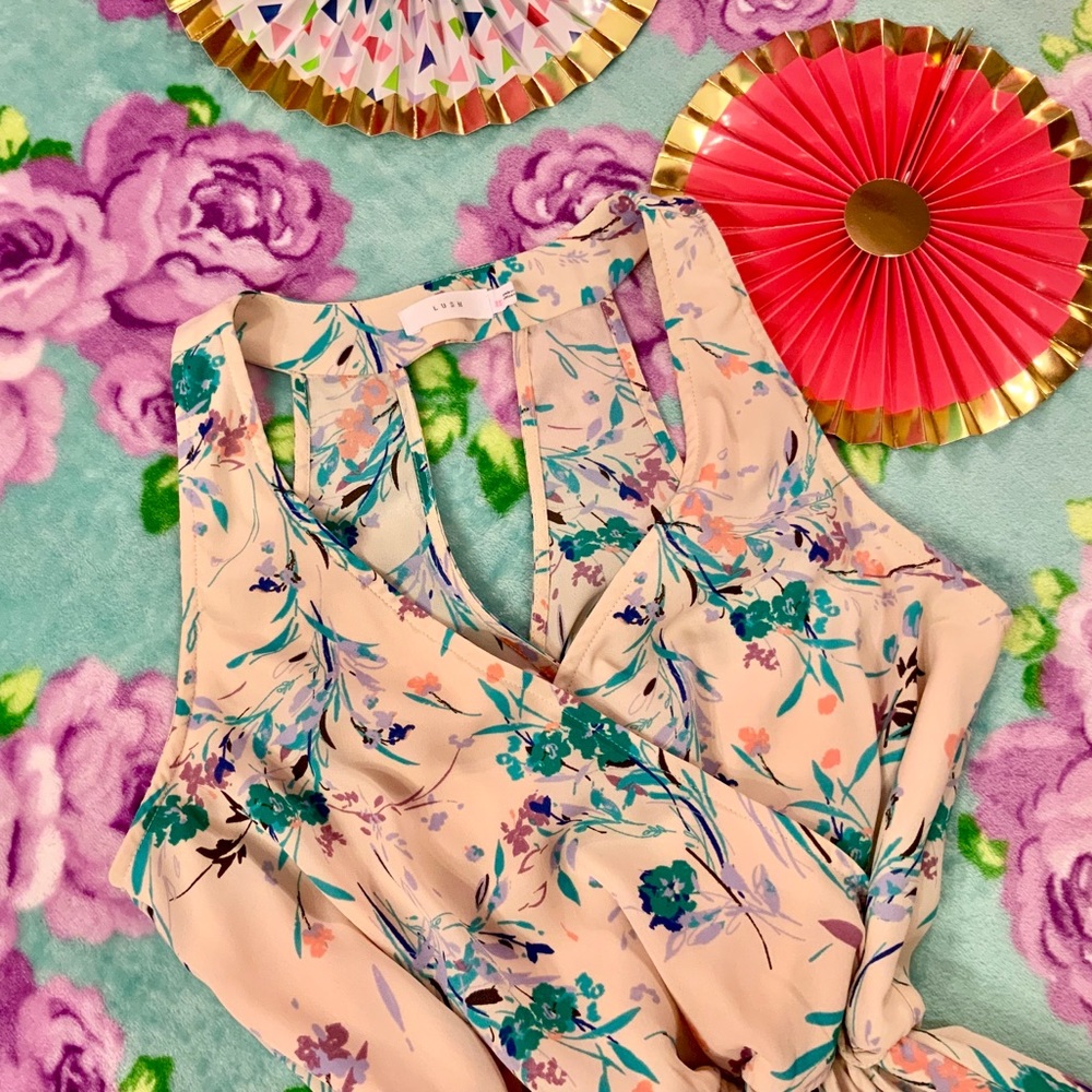 Lush Light Blush Pink Blue Floral Skater Dress XS - Picture 3 of 9
